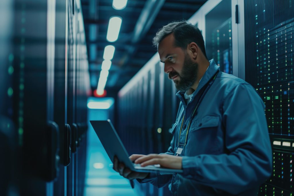 IT staff holding a laptop To monitor server rooms and upgrade technology or data storage solutions, Server room data center.