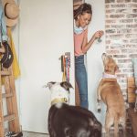 A woman doing pet-sitting work for two dogs